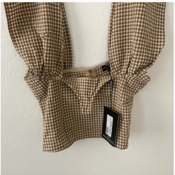 ⭐️ Brown Woven Check Print Cross Over Zip Party Glam Girly Sexy Chic Baddie Top - Picture 2 of 8